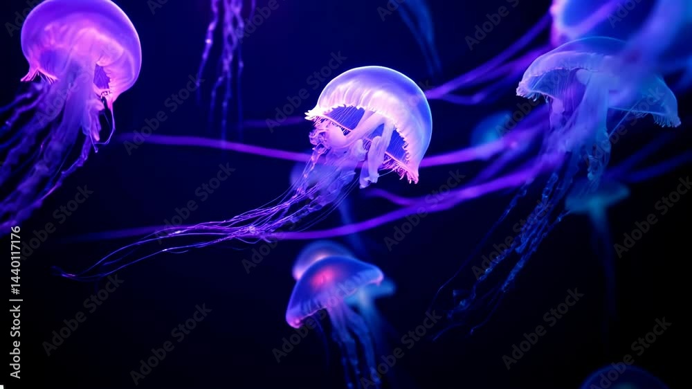 Glowing jellyfish in a dark underwater aquarium. Glowing jellyfish in a dark underwater aquarium.