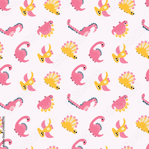 Colorful Cartoon Dinosaurs Pattern. Designs for fabric, textiles, wallpaper, packaging	