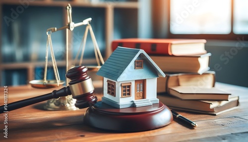Real estate legal scene with gavel, small house model on a wooden table, blurred legal books, and scale of justice in the background, commercial photo style