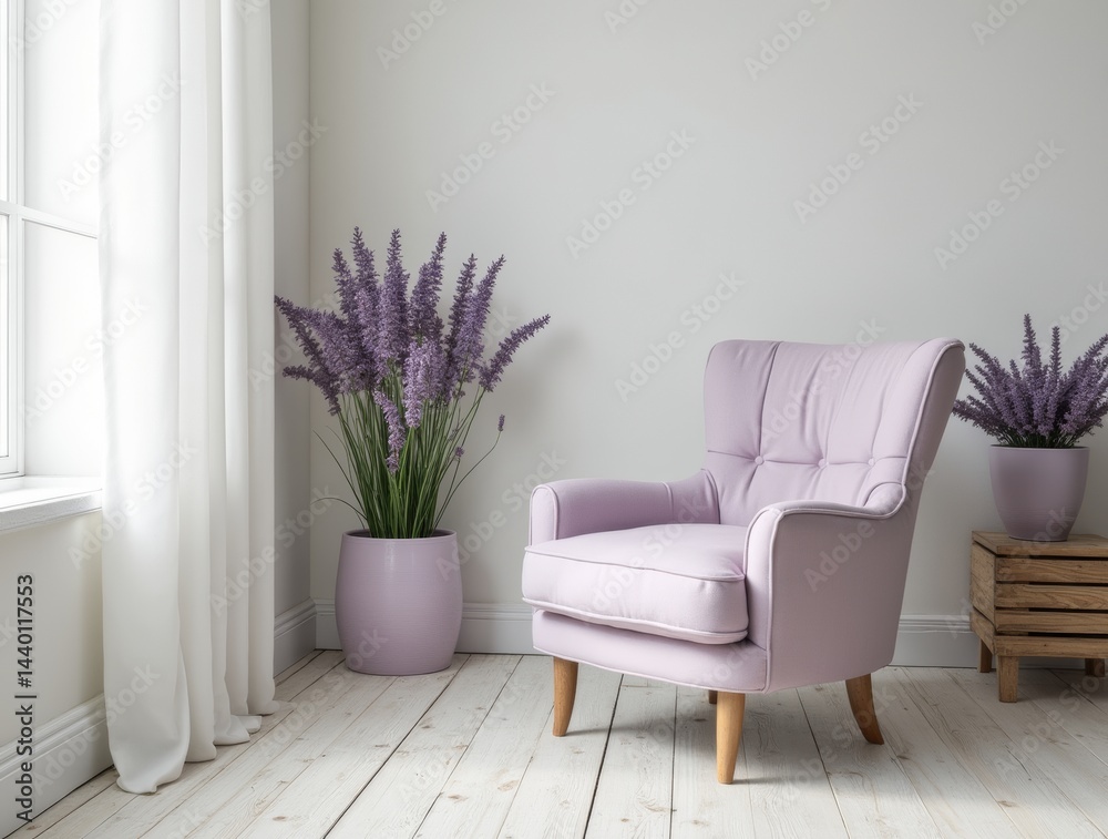 Naklejka premium Reading corner in light Provence style: pastel lavender armchair, whitewashed wooden floors, white curtains, lavender pots. Bright and gentle interior