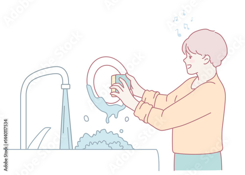 A cheerful and enthusiastic individual happily washing dishes at the sink, showcasing the joy found in everyday tasks