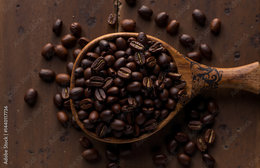 Obraz premium Wooden Spoon Filled with Coffee Beans on a Rustic Surface