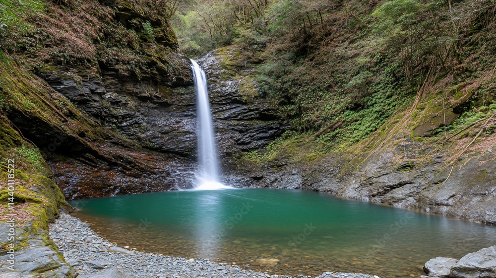 Naklejka premium Serene waterfall cascading into a vibrant green pool, nestled within lush forest