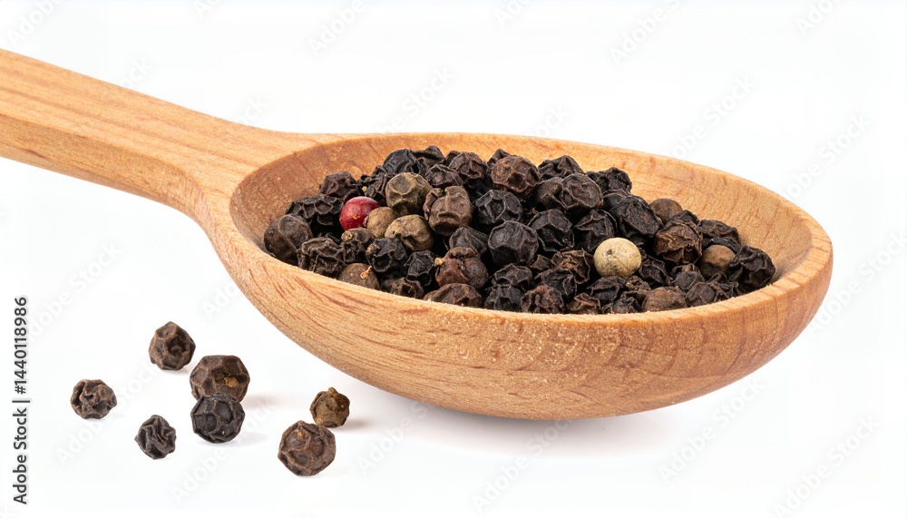 Wooden spoon cradles a mix of black, white, and pink peppercorns. The multicolored spices’ spherical shapes and coarse texture contrast with the spoons smooth wood, evoking culinary flair Wooden spoon cradles a mix of black, white, and pink peppercorns. The multicolored spices’ spherical shapes and coarse texture contrast with the spoons smooth wood, evoking culinary flair