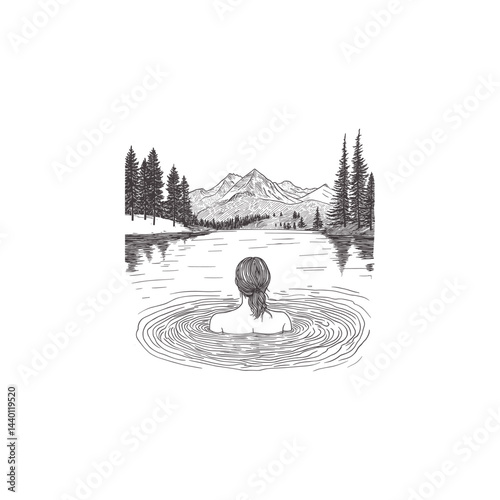 woman soaking in lake with mountain view design vector template illustration