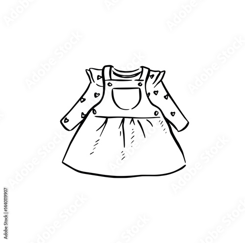 Little girls outfit with a skirt and pinafore, hand drawn in black and white. 
