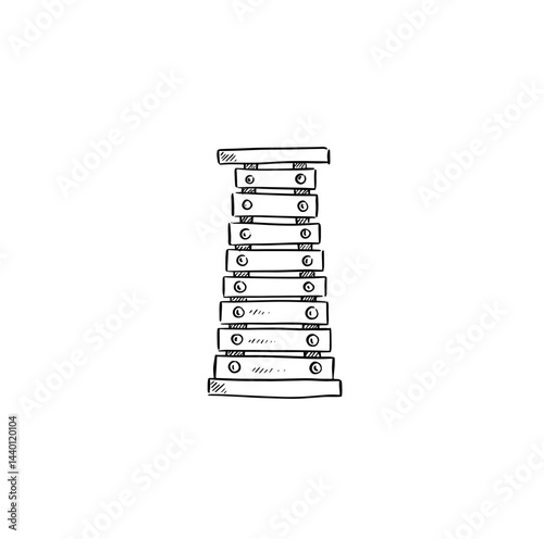 Hand drawn xylophone. A black and white line drawn musical instrument for children.