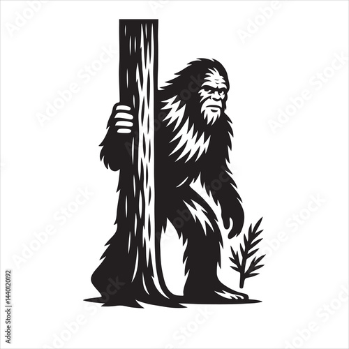 Black and white silhouette of Bigfoot (Yeti) cautiously peeking from behind a tall tree with a serious, natural facial expression