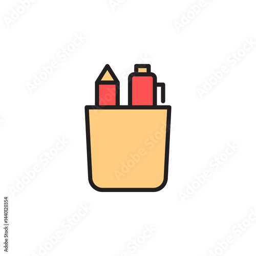 Colorful Stationery Icon Featuring Pencils and Pens in a Holder on a Minimalist Background for Creative and Educational Use