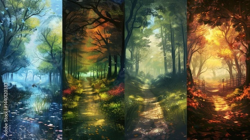 Fantasy landscape with fantasy forest and river ,A summer landscape with mountains ,Fantastic summer landscape with mountain lake