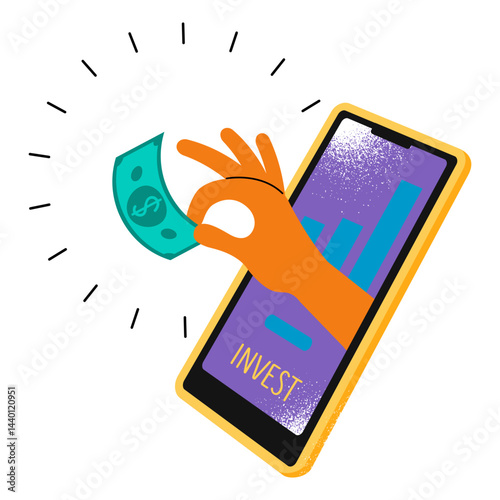hand extends the bill from the smartphone screen. the concept of income from online investments. flat bright pattern with texture. stock vector illustration. EPS 10.