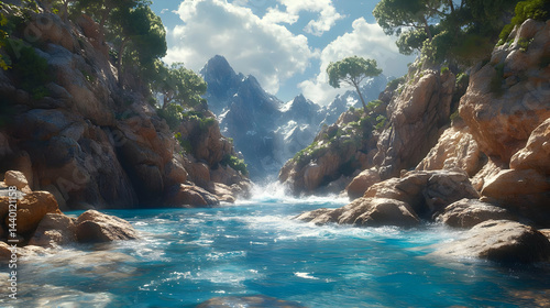 Mountain River Landscape with Lush Trees