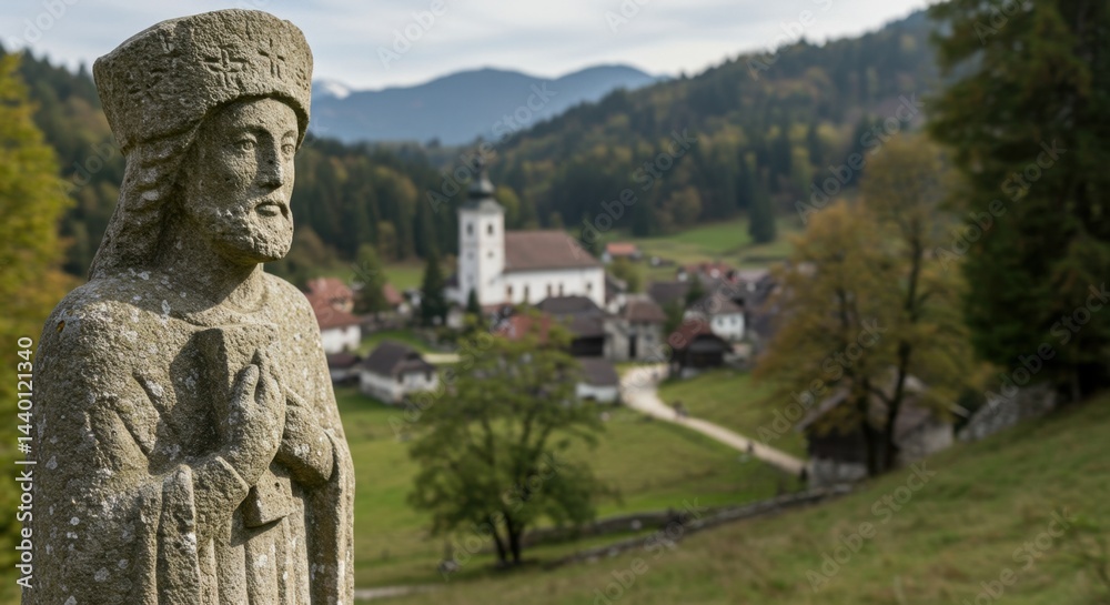 Obraz premium Stone Statue Overlooking Serene Village and Mountains in Slovenia