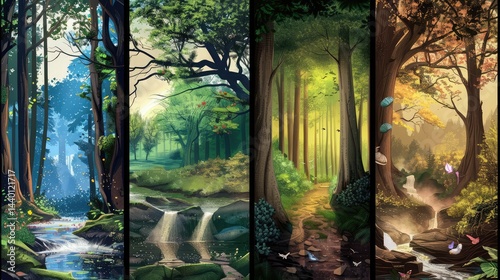 Fantasy landscape with fantasy forest and river ,A summer landscape with mountains ,Fantastic summer landscape with mountain lake