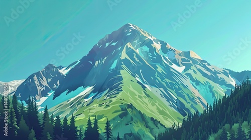 Mountain landscape with green grass and blue sky with clouds at sunset ,Beautiful mountain landscape with green meadow and snow-capped peaks