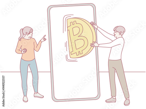 Illustration depicting individuals engaging with digital currency, symbolizing the active involvement in cryptocurrency