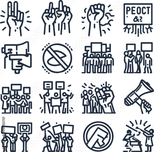 Create a Protest and activism line icon set. Vector pictograms of clenched fists, placard, marches, crowd, megaphone, broken chain, peaceful demonstration thin linear illustration vector art.