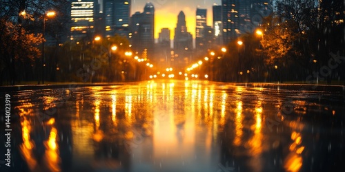 Wet City Street at Night with Reflections