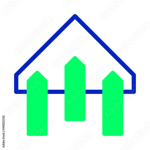 Stylized minimalist icon presenting a house facade with bright green fence posts