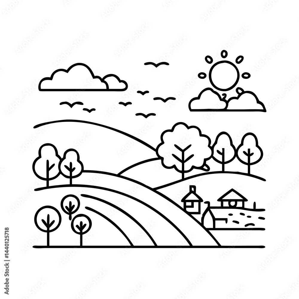 Fototapeta premium peaceful countryside icon, peaceful countryside line art - simple line art of peaceful countryside, perfect for peaceful countryside logos and icons