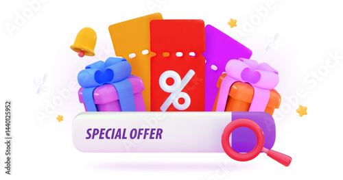 3D Gift coupons for sale Discounts for online shopping Promo codes Gift certificates Holiday sale concept