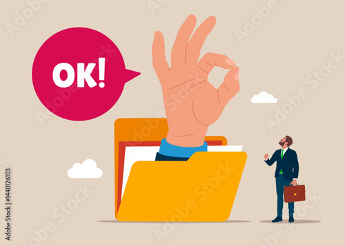 Hand businessman shows the ok  from a yellow folder. The best organize folder, leadership skill or trust on work responsibility. Organize document files into archive folders. Flat vector illustration
