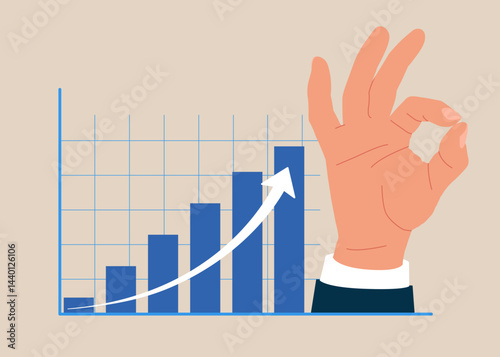 Hand businessman shows the ok and rising profit growth graph. Investment profit growth, financial advisor. Make money to get rich or increase earning or income. Vector illustration