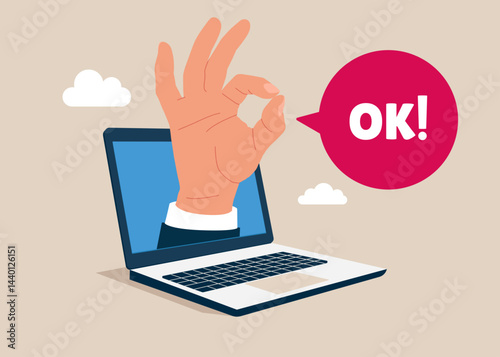 Hand businessman shows the ok  from a Laptop screen. Flat vector illustration