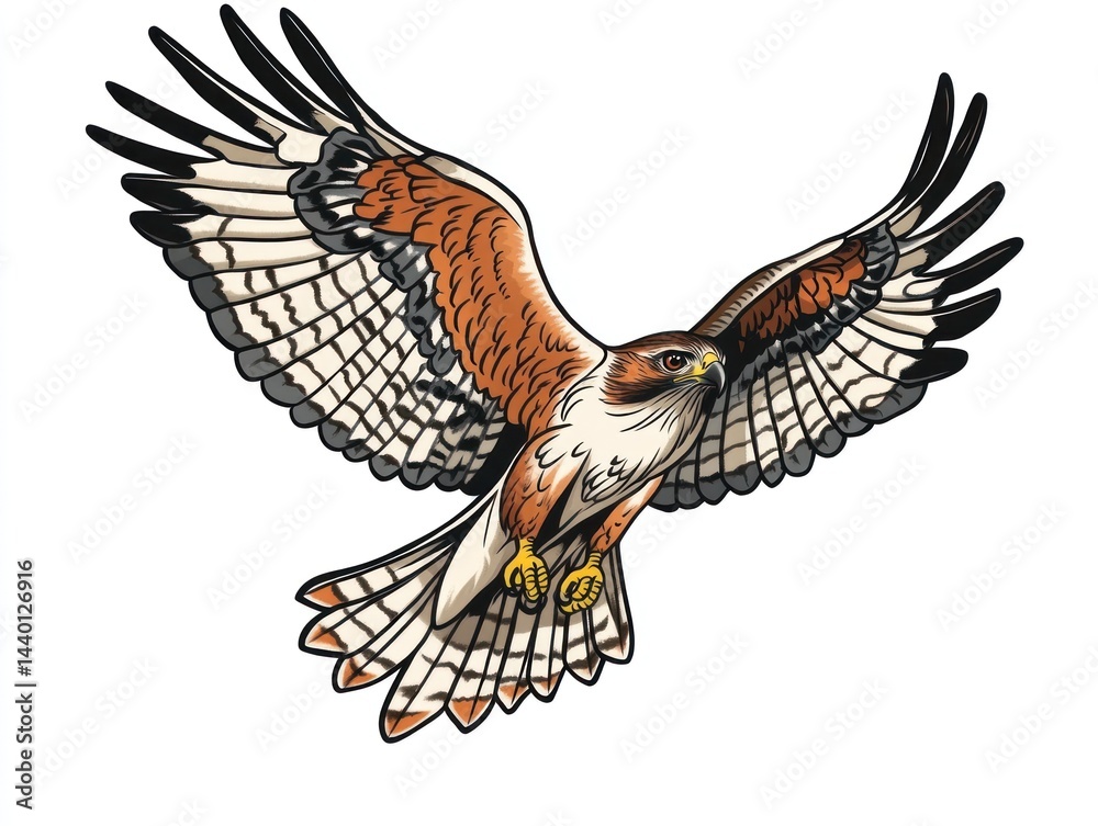 Fototapeta premium Red-shouldered hawk soaring, wings spread, isolated white background. Wildlife illustration for nature, design