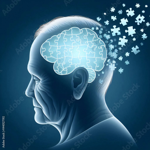 Transparent Brain with Puzzle Pieces Inside Elderly Silhouette, Representing Alzheimer’s, Cognitive Decline, Mental Health and Aging Brain Issues, Abstract Medical Concept Illustration