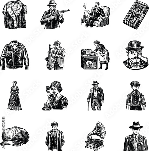 Collection of Sketchy Style 1920s Art Illustrations 


