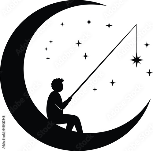 Silhouette Person Fishing for Stars on Crescent Moon