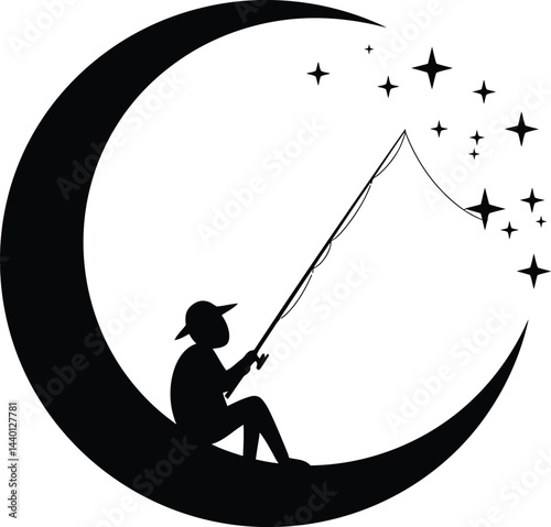 Silhouette Person Fishing Stars on Crescent Moon