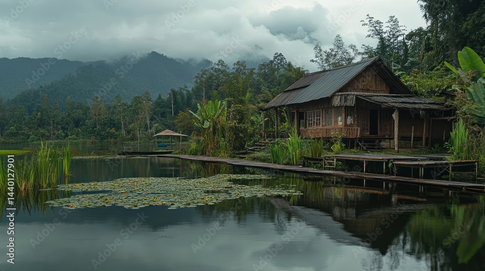 Fototapeta premium Tranquil Lakeside Retreat: A rustic cabin amidst misty mountains and serene waters
