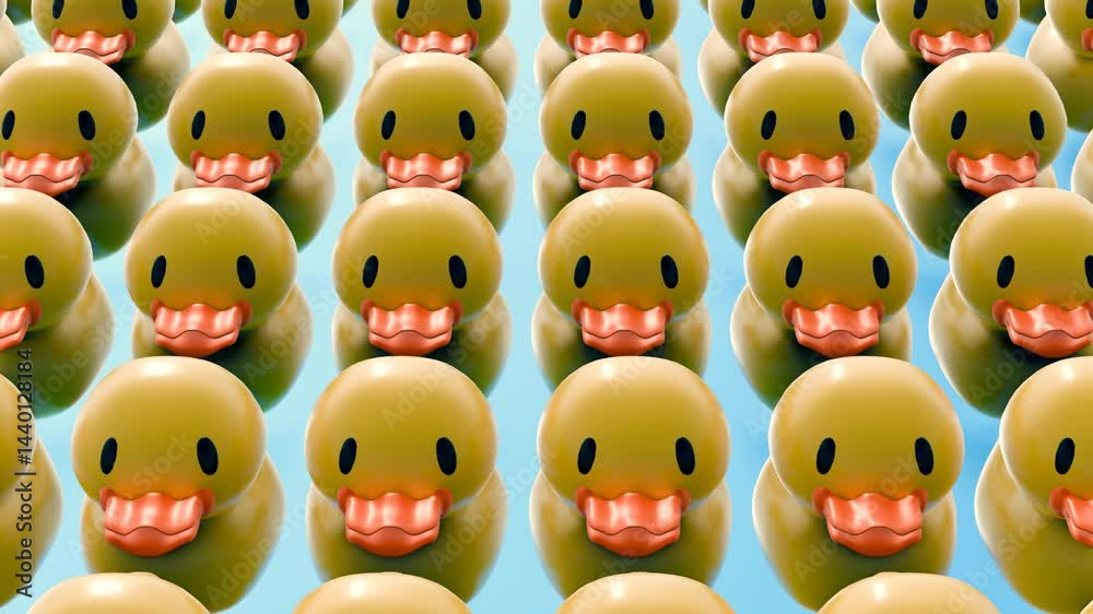 A 3d animation of group of yellow rubber ducks with orange beaks on a blue surface.