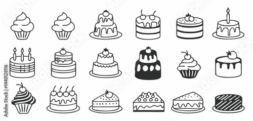 Collection of various cake and cupcake illustrations with different toppings and decorations displayed