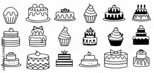 Collection of various hand drawn cakes and cupcakes with different toppings and decorations design elements
