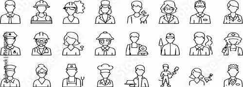 Collection of diverse professional icons representing various occupations and career paths in outline style