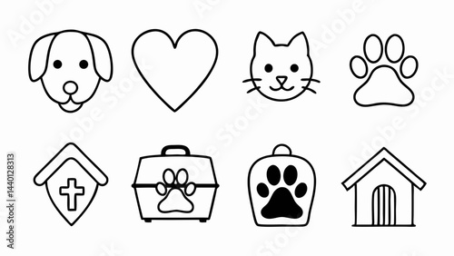 Collection of pet related icons including dog cat paw print heart carrier and veterinary hospital symbol icon set