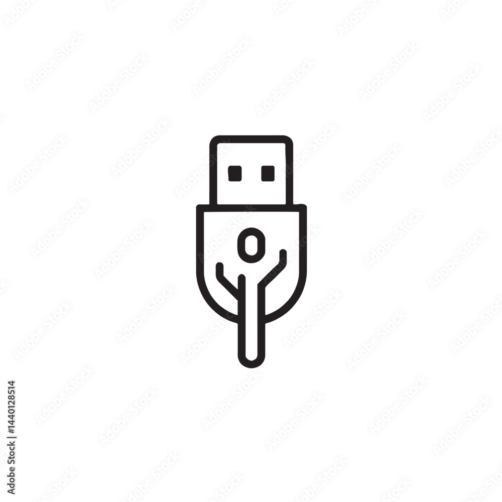USB Line Art Icon Isolated on White Background, USB, Cable, Connector, Data USB Line Art Icon Isolated on White Background, USB, Cable, Connector, Data