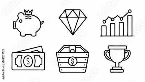 Outline icons representing financial growth and success including piggy bank and diamond and trophy cup