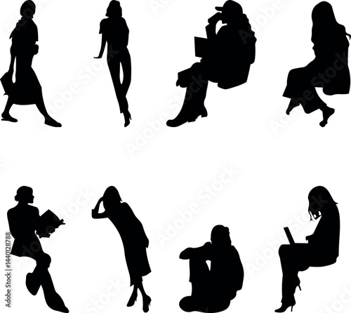 8 png silhouettes of people in sitting postures