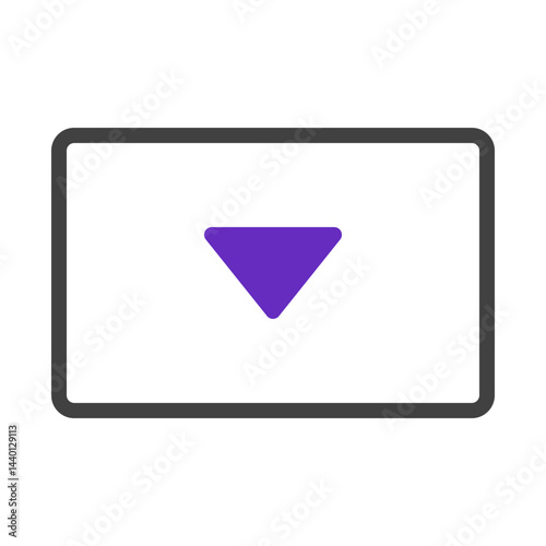 Minimalist digital interface element featuring a downward pointing purple arrow