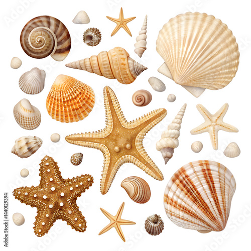 Collection of assorted seashells and starfish isolated on white background, marine decorative elements, summer beach concept, Ai generative