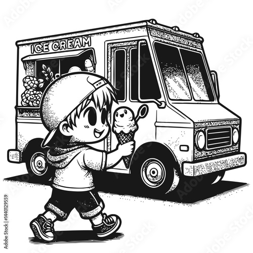 Chibi child gleefully buying ice cream from a colorful truck on their first summer treat adventure, filled with joy and excitement