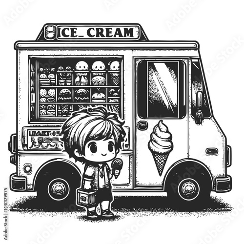 Chibi child joyfully receiving their first ice cream from a fun and colorful ice cream truck, a perfect summer day filled with excitement and joy