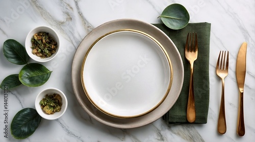 Food stylist presentation background mockup. Top generative AI view of empty plates with cutlery on white marble background. 3D rendering. Menu lunch breakfast dinner side dish table setting