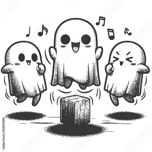 Entertaining chibi ghosts engaging in a funny dance sequence, perfect for Halloween-themed illustrations and cheerful festive designs.
