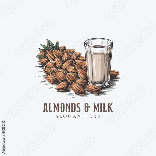 Almond seeds and almond milk Hand drawn logo design