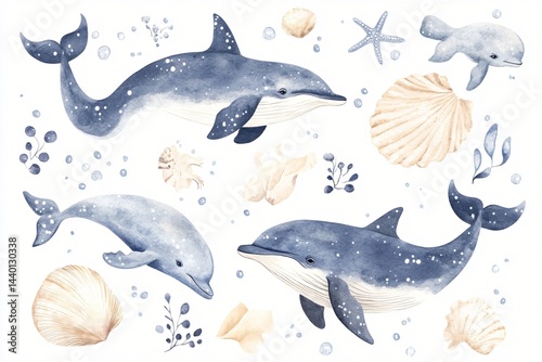 Adorable Watercolor Dolphins Swimming in Ocean with Shells and Sea Plants Perfect for Children's Room Decor
